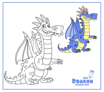 Cute cartoon dragon with a bone comb color and outlines for coloring isolated on white background