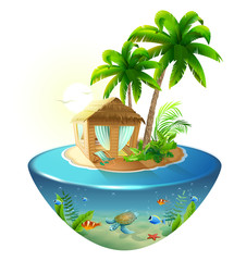 Obraz premium Bungalow under palm tree on tropical island