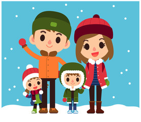 Obraz na płótnie Canvas Vector illustration of young cute happy family characters wearing sweater, coat, winter jacket isolated on white background.