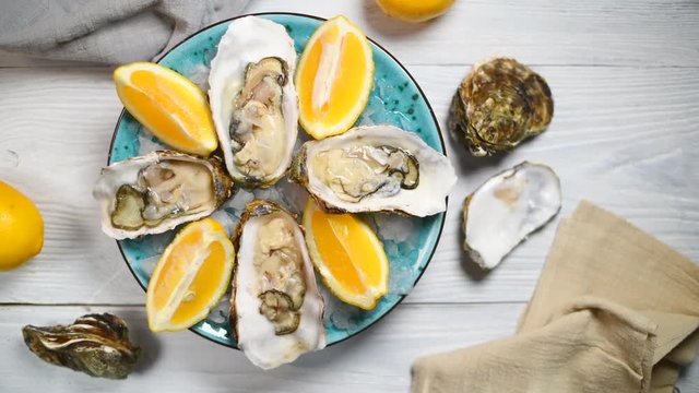 Fresh oysters closeup rotating in blue plate, served wooden table with oysters, lemon and ice. 4K Ultra high definition 3840X2160. Rotation 360 degrees