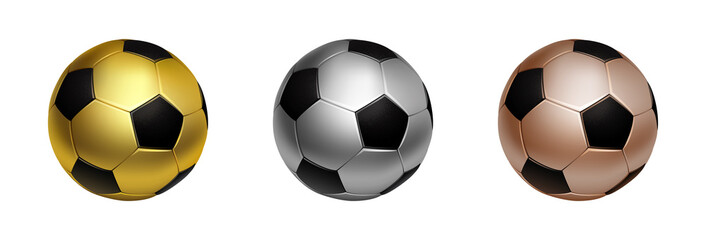 Three soccer football ball in gold, silver and bronze for first second and third sport awards, isolated on the white background vector illustration.