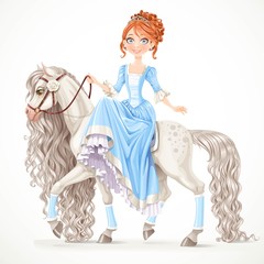 Cute brunette princess on a white horse with a long mane isolated on a white background