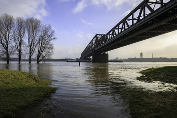 Ship passing the flooded area at Duisburg-Rheinhausen / Germany
