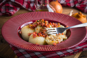 Potato dumplings with bacon.