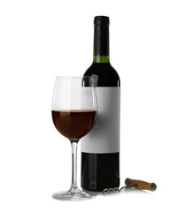 Wine bottle mock up and glass on white background