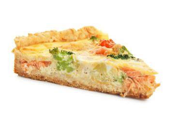 Piece of tasty broccoli quiche on white background