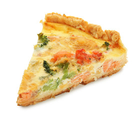 Piece of tasty broccoli quiche on white background