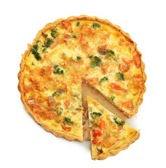 Tasty broccoli quiche on white background