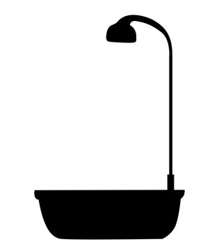 recommend clip art: Black silhouette of bathtub with shower head icon isolated on white