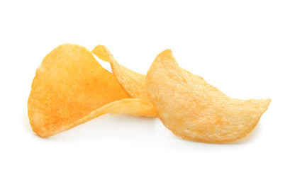 Potato chips on white background