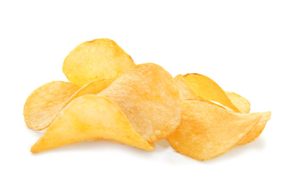 Potato chips on white background