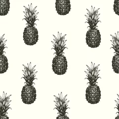 Wall murals Pineapple Vector hand drawn seamless pattern with pineapple. Tropical summer fruit engraved style illustration. Can be use for adversiting, packaging, greeting cards, posters.