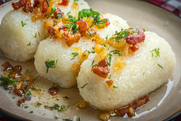 Potato dumplings stuffed with minced meat.