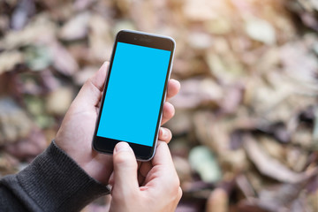 Close up of a man holding smartphone with blank screen mobile. autumn season. Graphic design montage.