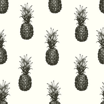 Vector hand drawn seamless pattern with pineapple. Tropical summer fruit engraved style illustration. Can be use for adversiting, packaging, greeting cards, posters.