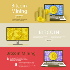 Fototapeta na wymiar Vector bitcoin mining posters template background set. Illustration on colored background with golden coin in laptop and desktop monitor screen, pile column of coins.