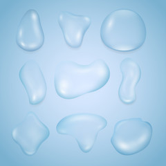Set of vector water dew drops, condensed moisture on smooth surface, transparent aqua oozing down wet glass for bottled cool beverages advertising, or sweat of a person.