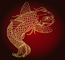 Golden fish catfish on a red gradient background. Detailed sketch of tattoo