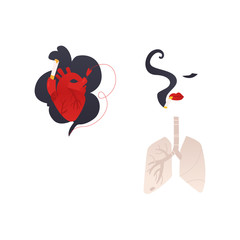 Vector flat danger, harm, risk of smoking concept icon. Smoking heart, girl face silhouette with cigarette, lungs. Nicotine addiction, cancer disease, social advertisement design illustration