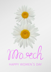 8 march greeting card with daisies, chamomiles