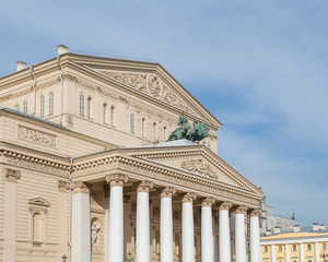 Facade of Bolshoi Theatre in Moscow, symbol of Russian ballet and cultural landmark