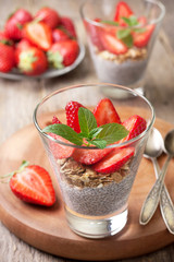 chia pudding, strawberries and muesli
