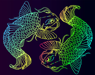 Two neon fish catfish on a gradient background