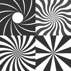 Psychedelic retro spiral black and white backgrounds vector set, radial rays vintage backdrop, radial lens aperture, wavy spinning stripes variants.