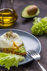 Sandwich with avocado and poached egg. Healthy breakfast