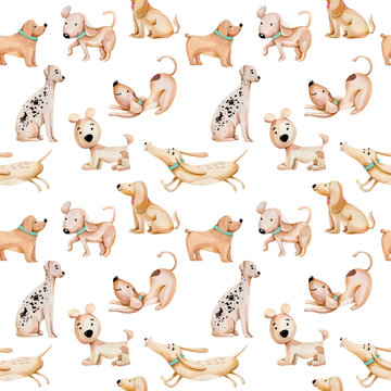 Watercolor cute funny dogs seamless pattern, hand drawn isolated on a white background