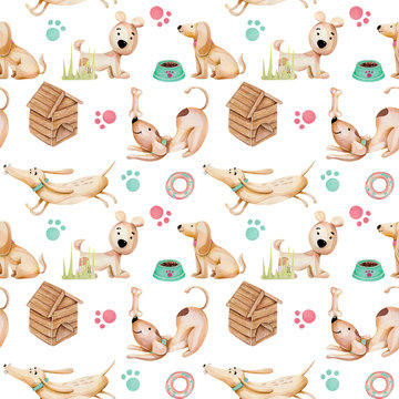 Watercolor cute funny dogs and dogs elements seamless pattern, hand drawn isolated on a white background