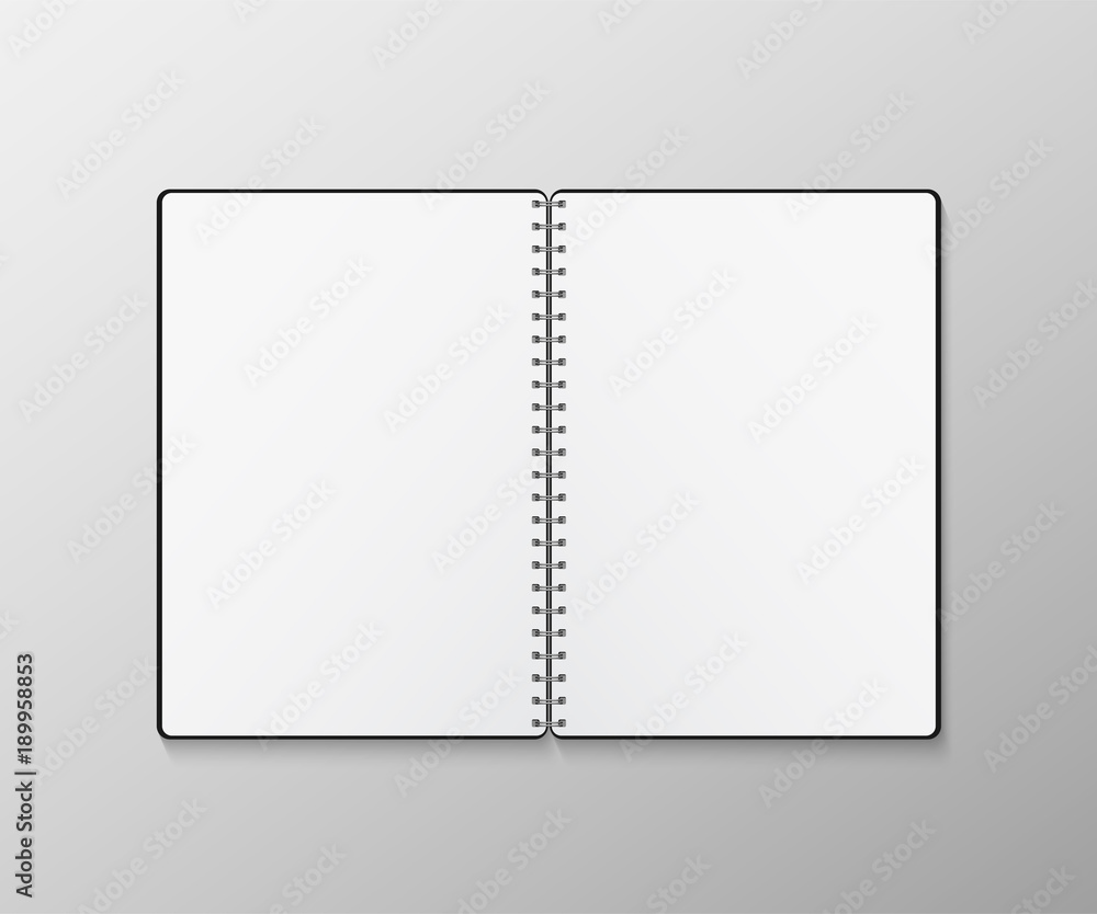 Poster vector opened blank notebook isolated on gray background.