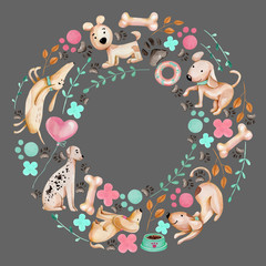 Watercolor cute funny dogs and elements wreath, frame, hand drawn on a grey background