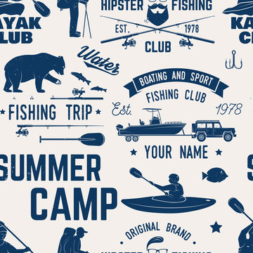 Canoe, Kayak and fishing Club seamless pattern.