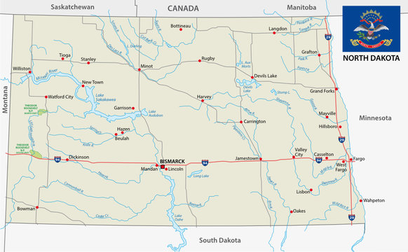 north dakota road vector map with flag