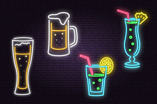 Set of neon Beer and Cocktail sign on brick wall background.