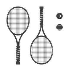 Set of tennis rackets and tennis balls.