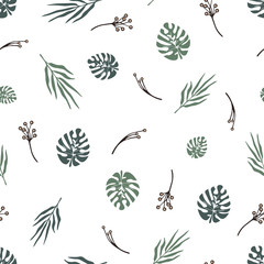 pattern with plant leaves. branches with berries. White background.
