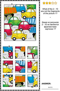 IQ training abstract visual puzzle with cars and trucks on the road: What of the 2 - 10 are not the fragments of the picture 1? Answer included.
