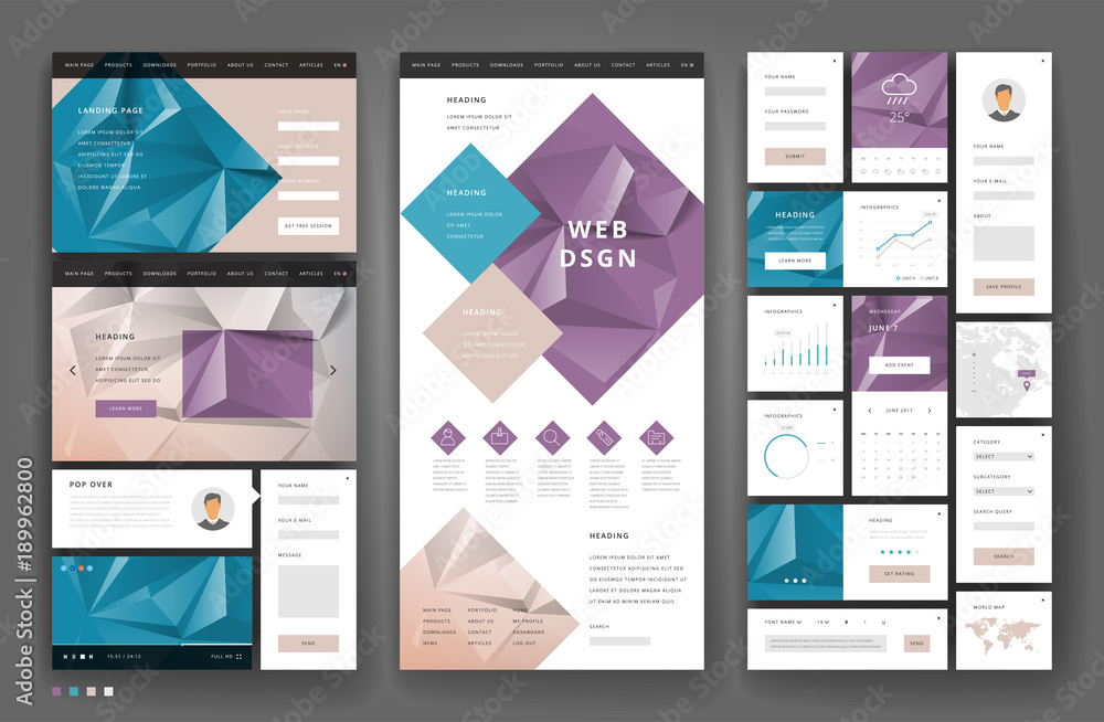 Poster website template design with interface elements