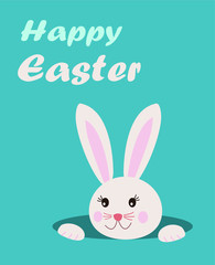 Easter greeting card with text happy easter and cute cartoon bunny rabbit looking from the hole on blue background