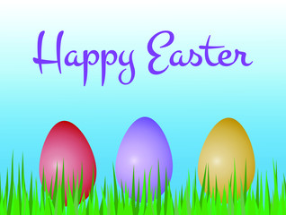 happy easter greeting card with three colored painted eggs on grass with text and blue sky background