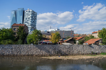 Modern Skyscrapers and Traditional Houses in Sarajevo, Bosnia and Herzegovina
