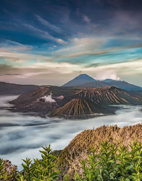 Mount BROMO viewed from Pananjakan point during sunrise.