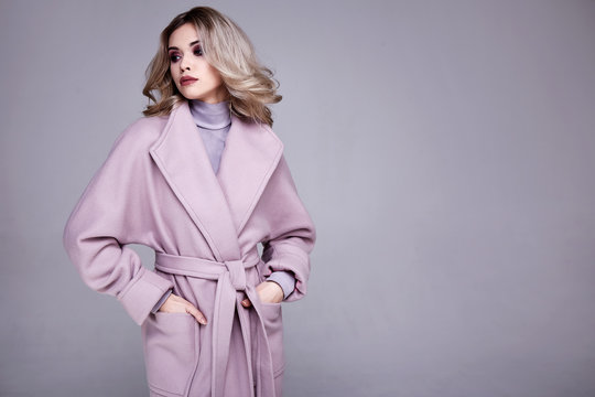 Portrait of beautiful sexy woman wear business style clothing for office casual meeting collection accessory cashmere wool coat jacket sexy glamor fashion model beauty face long blond hair body shape.