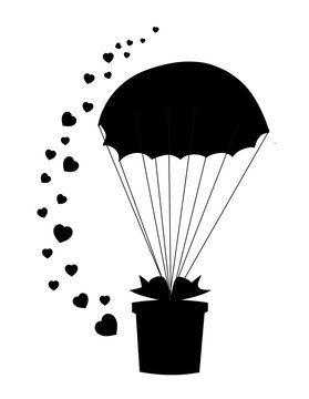 Black silhouette of  gift on  parachute and many hearts around.