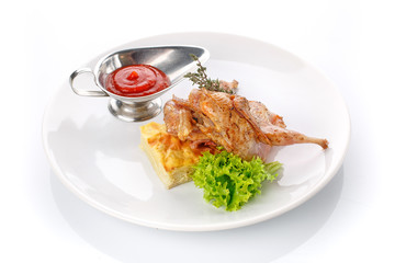 Delicious lunch. Full Chicken Grill with greens and sauce