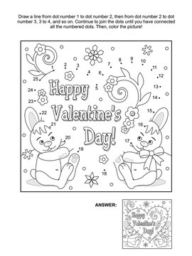 Valentine's Day themed connect the dots picture puzzle and coloring page with hidden heart, greeting text, two cute bunnies, flowers and snowlakes. Answer included.
