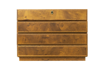 Furniture, a chest of natural wood with drawers on a white background.