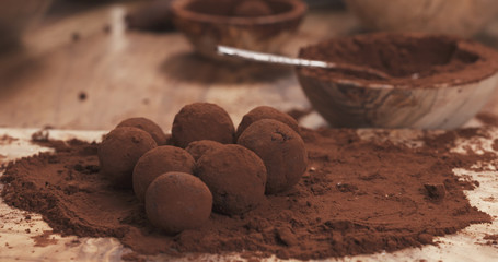 handmade truffles in cocoa powder on board